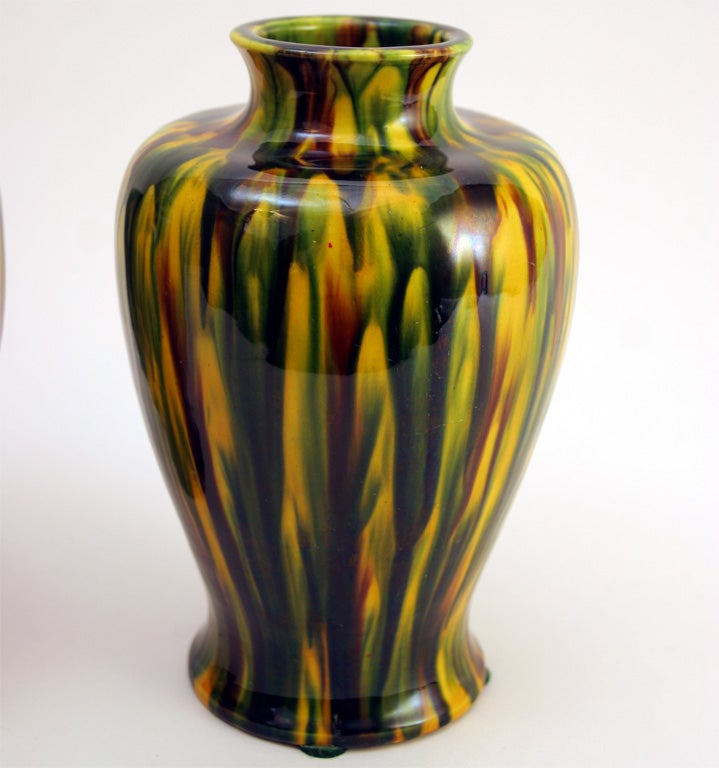 Japanese Pair of Awaji Art Pottery Yellow Flambe Vases