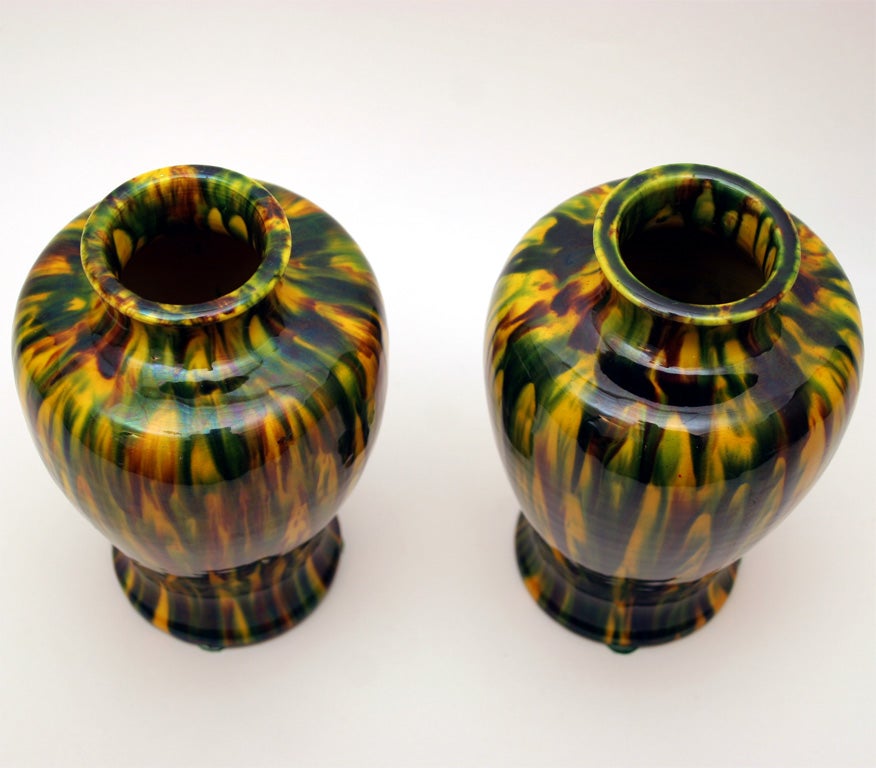 Mid-20th Century Pair of Awaji Art Pottery Yellow Flambe Vases