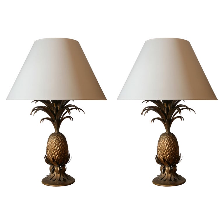 Pair of Mid Century Gilt Metal Pineaple Form Table Lamps