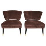 Vintage Pair Chocolate Velvet Mid century Slipper Chairs