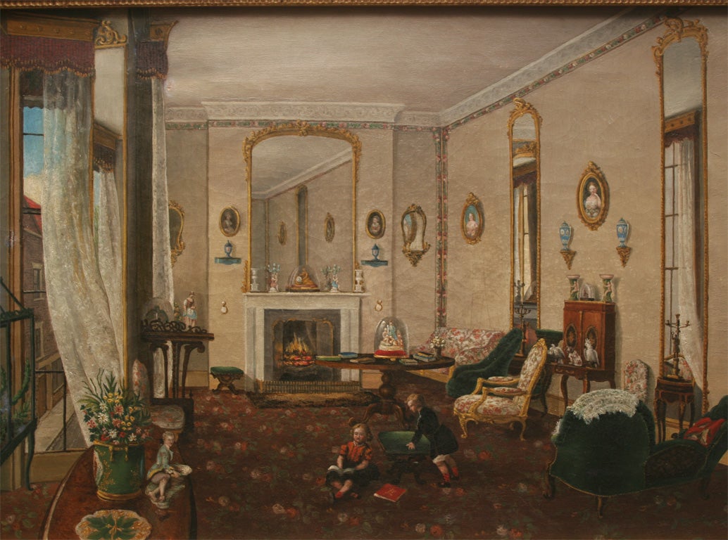 Charming oil painting of a children in an English Victorian interior