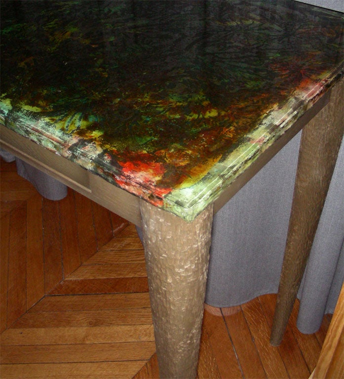 Glass 1960s Oak Table Worked with a Chisel Signed Bragall For Sale