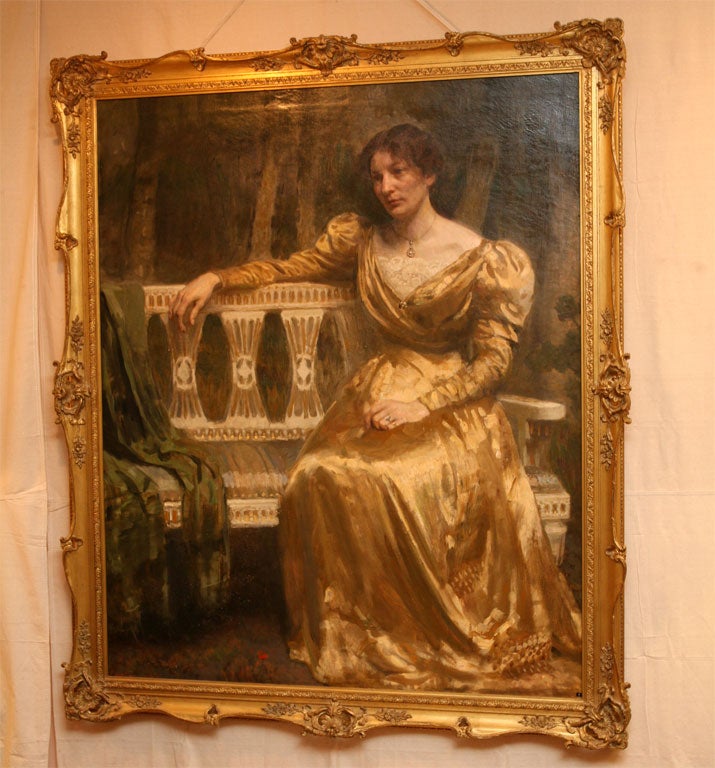 Large portrait of a Danish gentlewoman, Otilla Brorson in a yellow silk dress by Danish artist Julius Paulsen, 

1860-1940, signed and dated 1908. Exhibited at Charlottenborg in 1909 and at the Julius Paulsen exhibition in 1926. Provenance Chr. F.