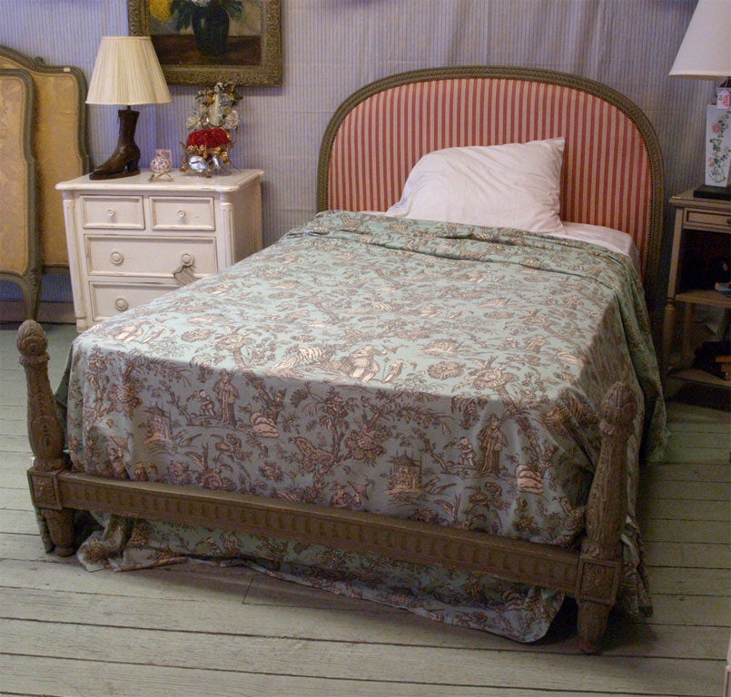 Full or double size French bed, nicely carved with attractive grey/green color, desirable low footboard. Interior 54