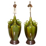 PAIR OF CERAMIC LAMPS WITH DRIP GLAZE FINISH.