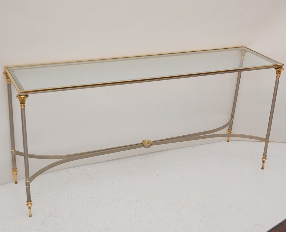 Steel, Brass, and Glass Campaign Style Console Table