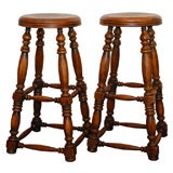 Antique PAIR OF 19THC PLANK SEAT BAR STOOLS IN ORIGINAL OLD SURFACE