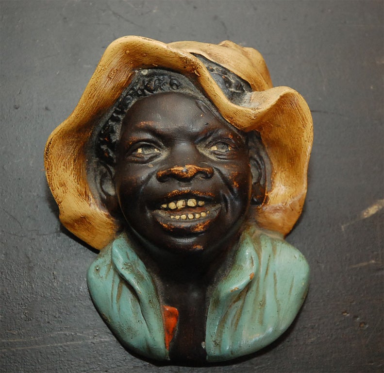 American 19THC SIGNED AND HAND PAINTED POTTERY  BLACK MAN WALL PLAQUE