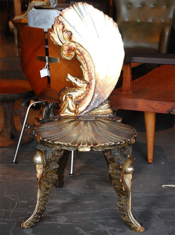 venetian silver-leafed seahorse carved grotto chair
