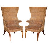 Wicker High Back Wing Chairs