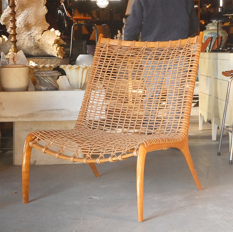 Woven Leather and Carved Wood Slipper Chair at 1stDibs