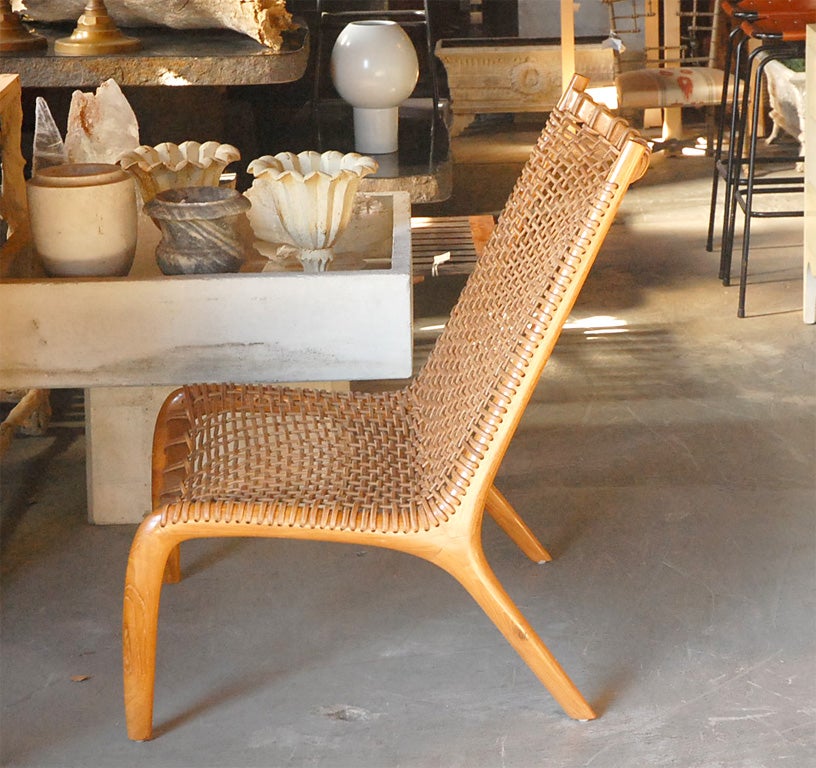Woven Leather and Carved Wood Slipper Chair at 1stDibs