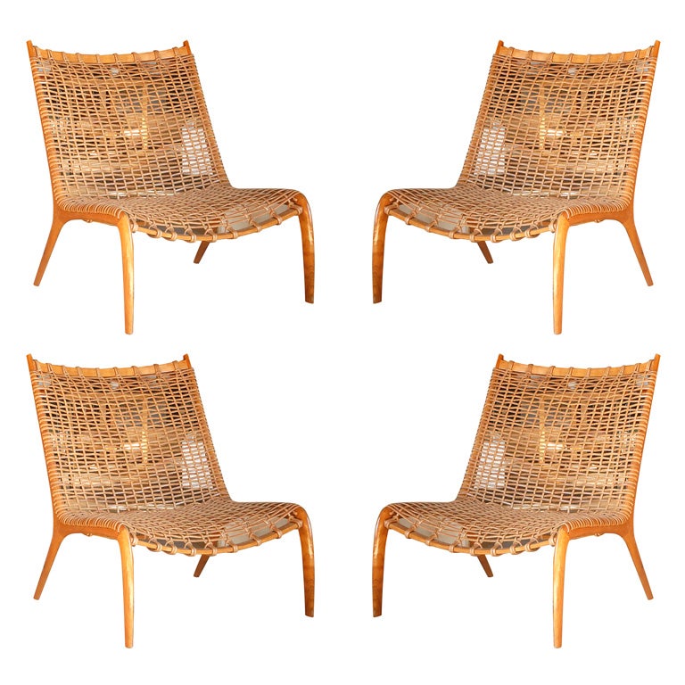 Woven Leather and Carved Wood Slipper Chair at 1stDibs