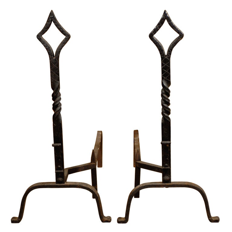 BLACK IRON ANDIRONS WITH OPEN DIAMOND FINIAL at 1stDibs
