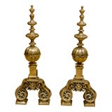 Used PAIR OF BRASS ANDIRONS WITH BALL AND SPIRE FINIAL