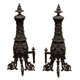 Used PAIR OF CONTINENTAL IRON BLACK FILIGRE ANDIRONS W/ FLAME FINIAL