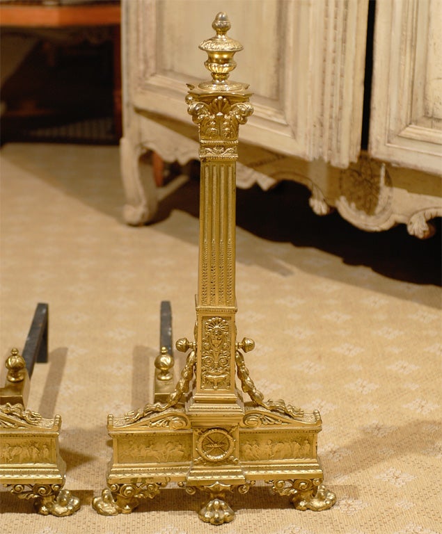 Cast Pair of Late 19th/Early 20th Century Neoclassical Gilt Bronze Andirons