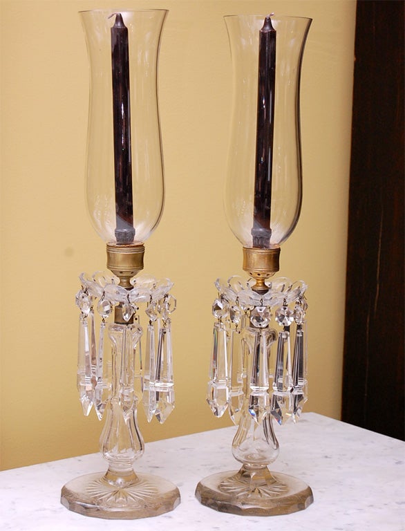 Pair of English Crystal Hurricane Candlesticks