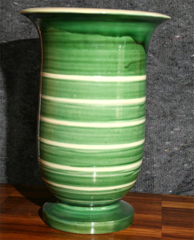 Large urn from the Kaehler pottery factory in Naestved, Denmark, characteristic of work from the 1940's, strong colors,  in green and off white,