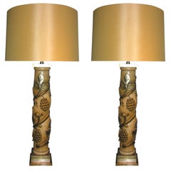 James Mont Table Lamps Pair Art Moderne Metal Leaf Wood 1940's