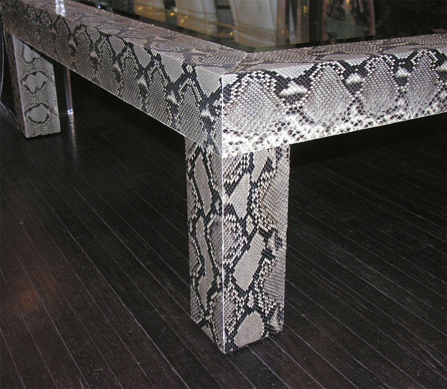 American Python Cocktail Table with Inset Glass Top For Sale