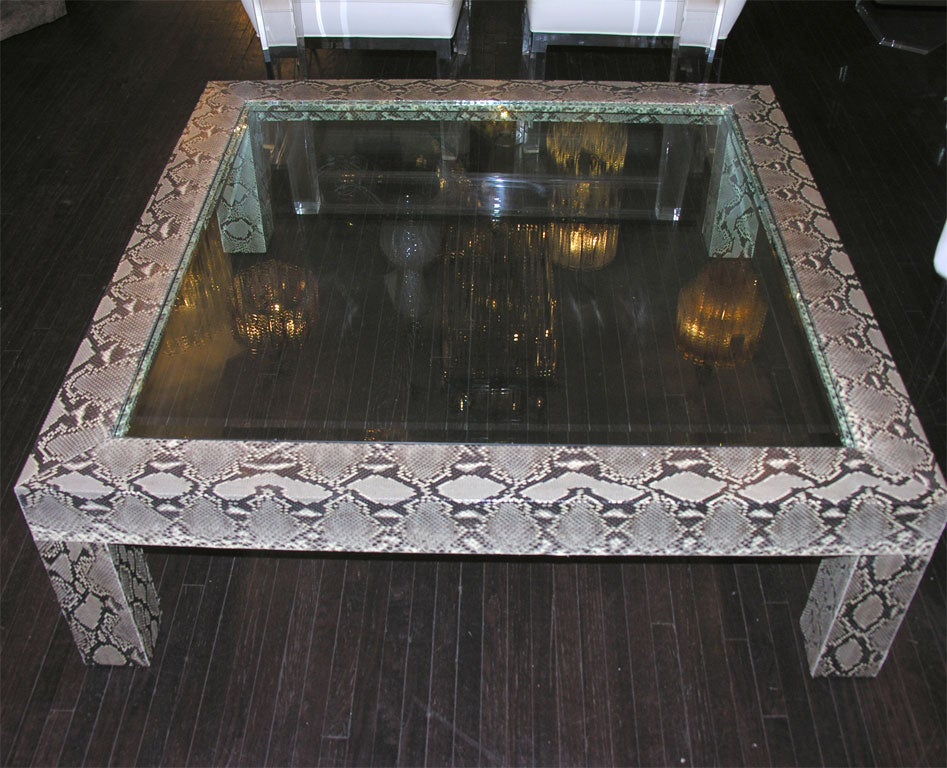 Modern Python Cocktail Table with Inset Glass Top For Sale