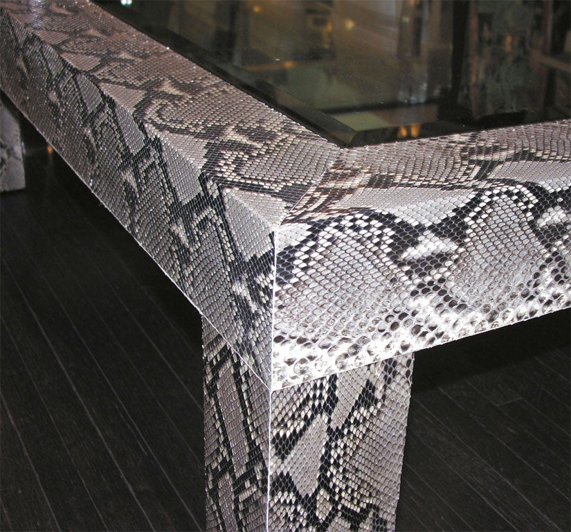 Contemporary Python Cocktail Table with Inset Glass Top For Sale