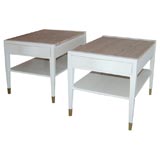 Pair White Lacquer and Travertine Side Tables