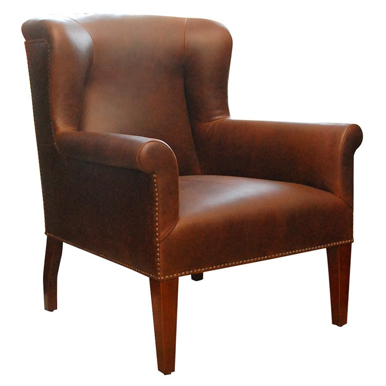 "Halstead" by Lee Stanton Wingback Chair Upholstered in Leather For Sale