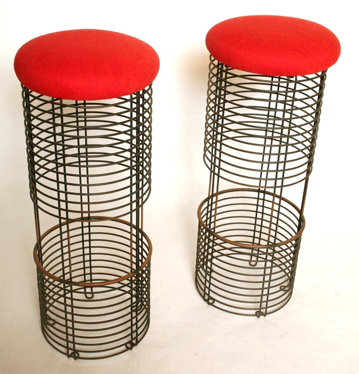 Great pair of Vernor Panton Bar Stools.<br />
Iron and brass with upholstery seats.<br />
14