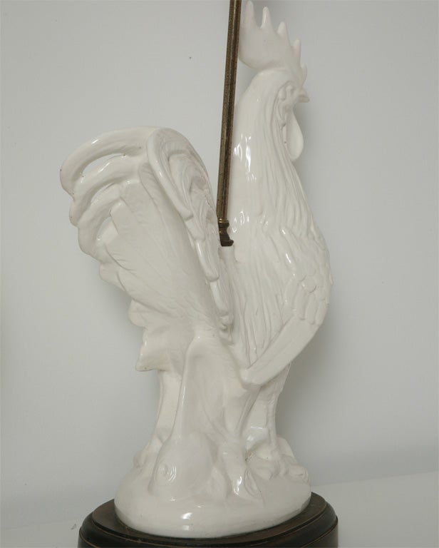 Mid-20th Century Pair of White Rooster  Lamps