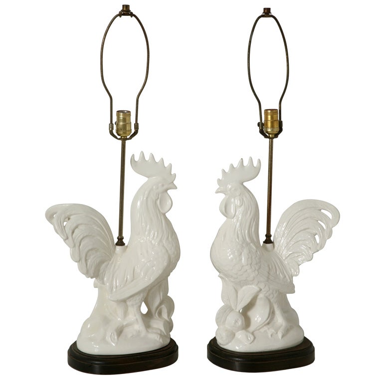 Pair of White Rooster  Lamps