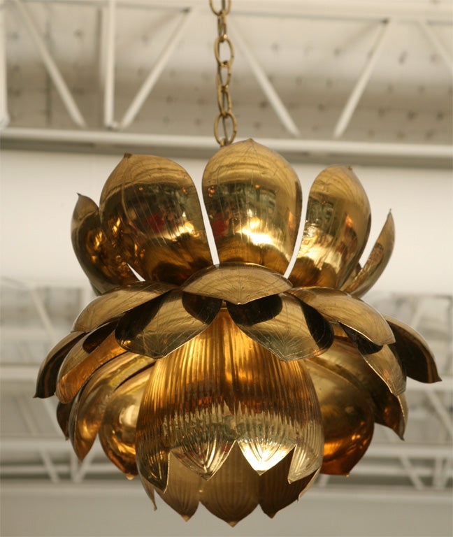 Unknown Pair of Brass Lotus Blossom Hanging Lamps