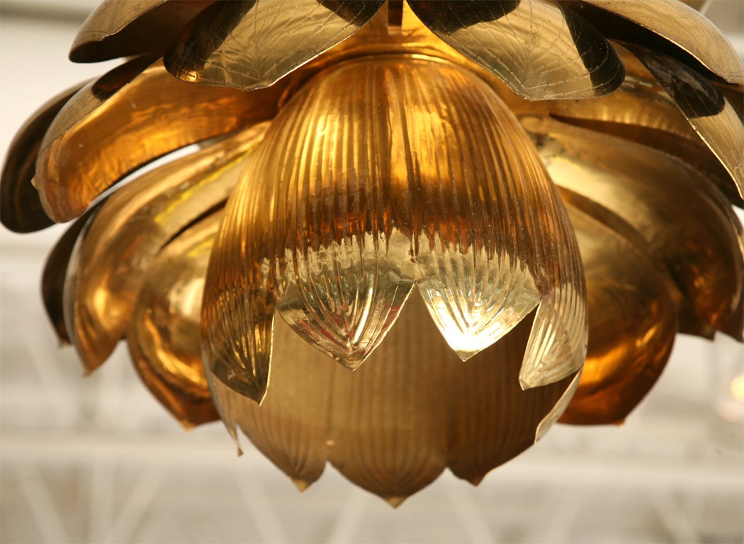 Mid-20th Century Pair of Brass Lotus Blossom Hanging Lamps