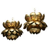 Pair of Brass Lotus Blossom Hanging Lamps
