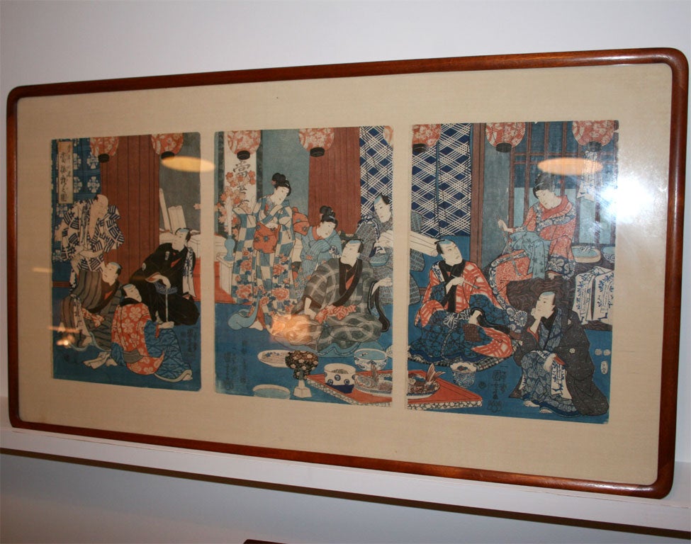 Triptych wood block print and watercolor geisha scene on rice paper with silk background