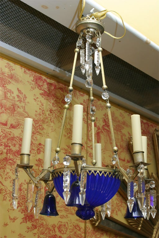 A FRENCH PEWTER AND SEVRES GLASS CHANDELIER