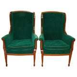 Pair Mahogany Wingback Chairs in Green Mohair