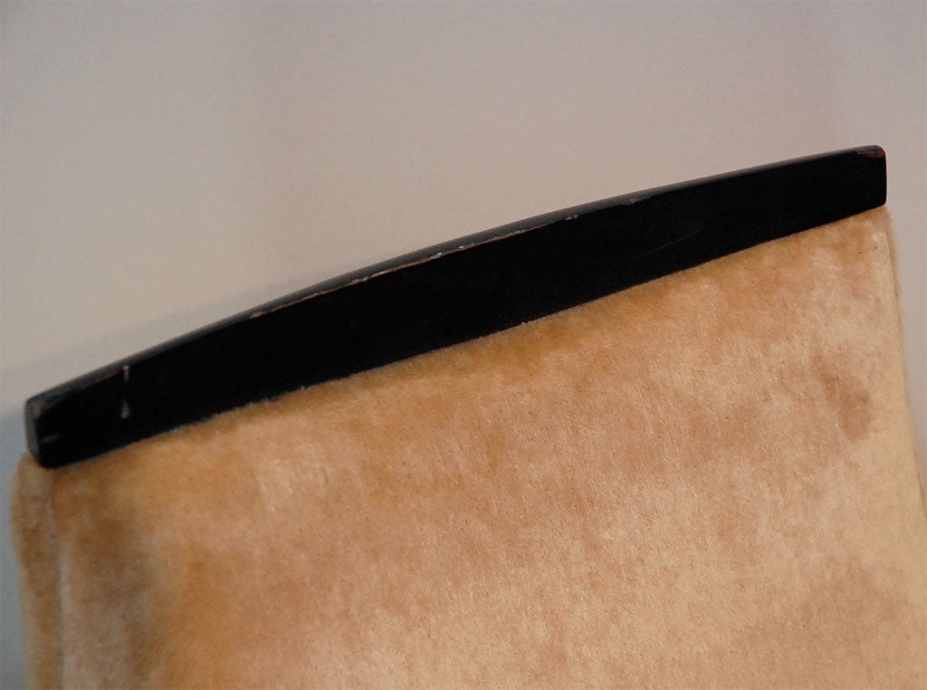 Modern desk chair attributed to Vladimir Kagan.  Black lacquered wood legs and wood detail at top of back.  Upholstered in original mohair.  One side chair version also available at same price.<br />
	<br />
	Period: 1950’s