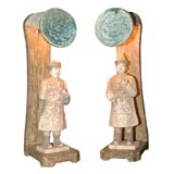 Antique A Pair of Ming Dynasty Terracotta Figurine Bookcase Lamps