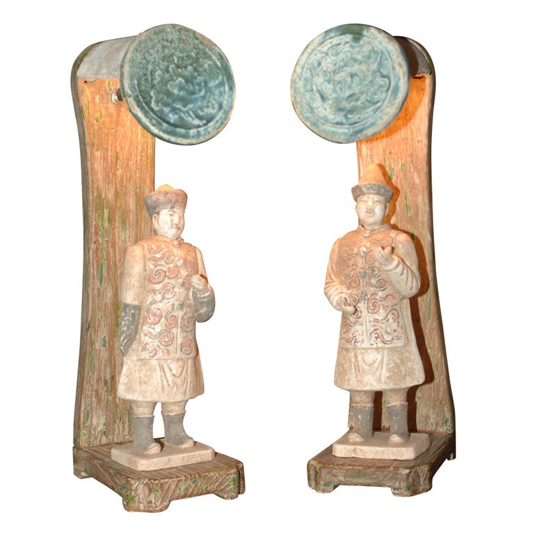 A Pair of Ming Dynasty Terracotta Figurine Bookcase Lamps