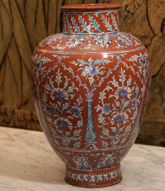 Indian inspired raj vase with lovely terra cotta pink coloring with turquoise glazed decoration. Impressive scale.  Wonderful as an object or as a lamp.
