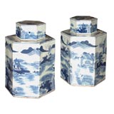 Pair Blue and White Lidded Jars