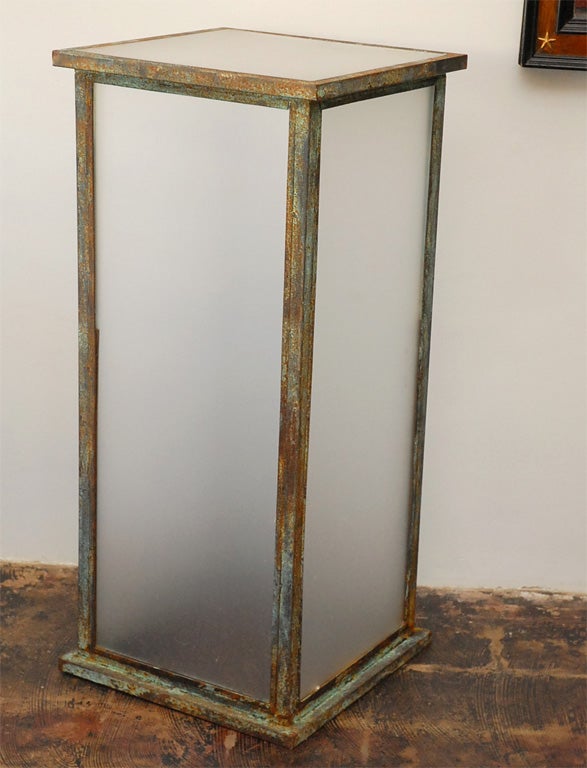 Tall patinated steel Industrial sculpture pedestal. Custom-made with thick top surface for a heavy sculpture.
