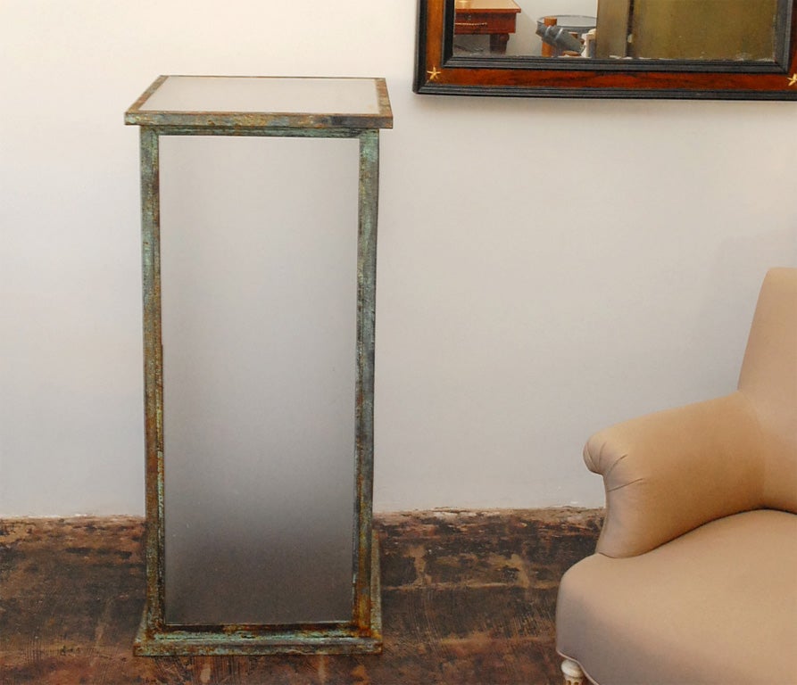 Lucite Tall Patinated Steel Industrial Sculpture Pedestal