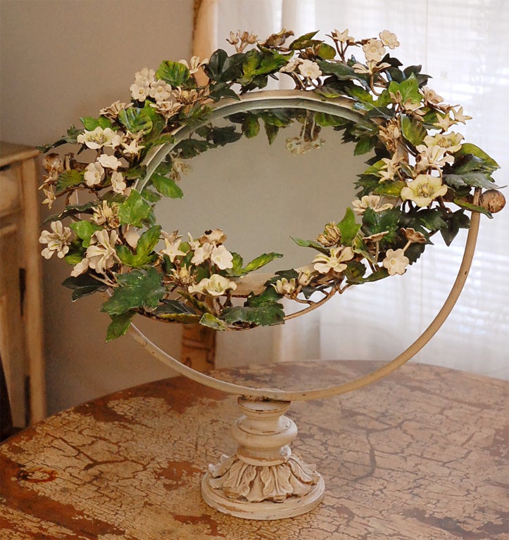 C. 1930 Floral Tole Tilt Table Mirror For Sale 2