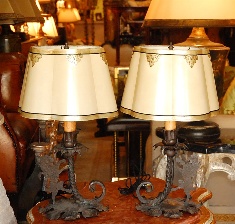 Pair of Iron Lion Lamps with Custom Shades