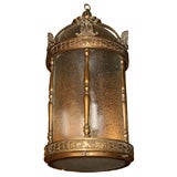 CAST BRASS FRENCH LANTERN W/CURVED SEEDED GLASS PANELS AND DOME