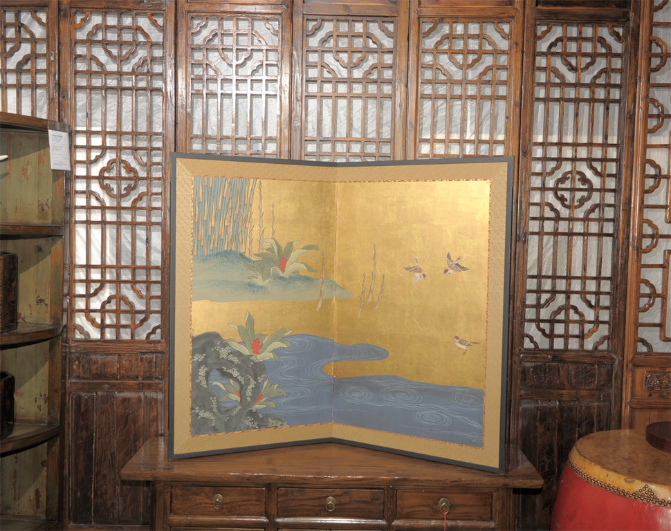 Antique Japanese 2 panel screen with bamboo reeds and sparrows along the river bank with a beautiful gold background.  Originally part of a large 6 panel screen.  One of a kind.  Meiji period c 1880s.  908421-537010