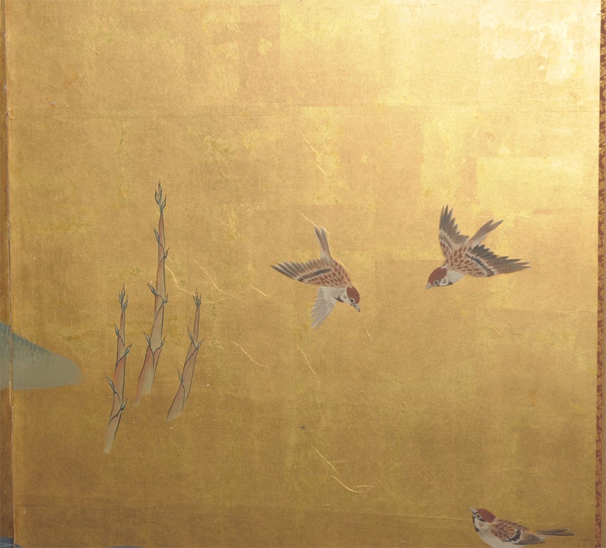 19th Century Japanese 2 Panel Bamboo & Sparrow Screen